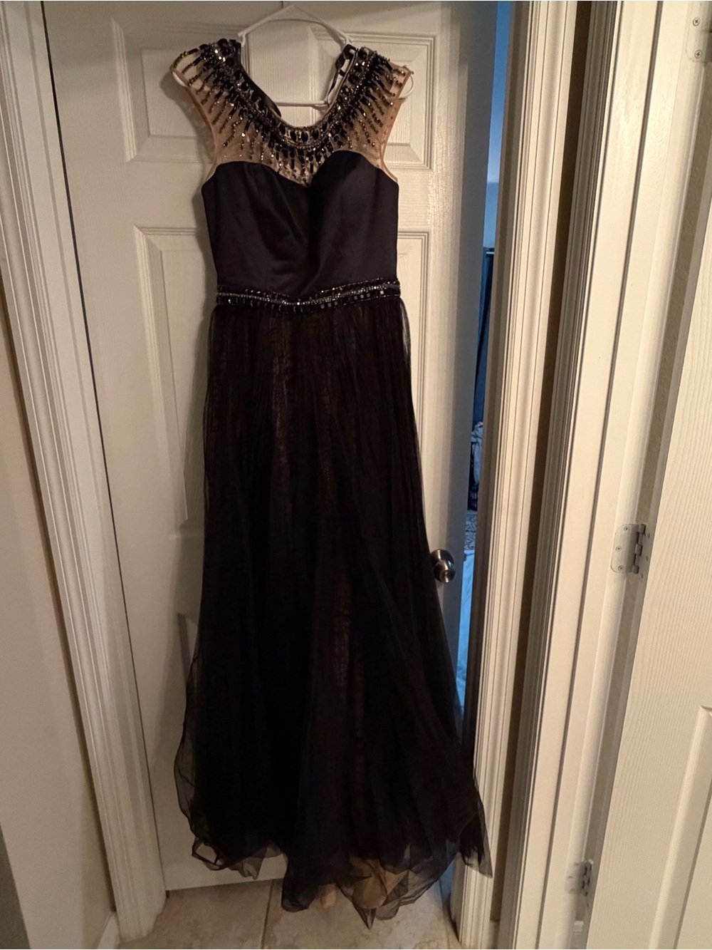 Sherri Hill  Black Gown with Nude Beaded Illusion Bodice